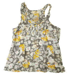 Hollister Bettys Floral Sheer Tank Top Large Gray Yellow White Cotton-Silk